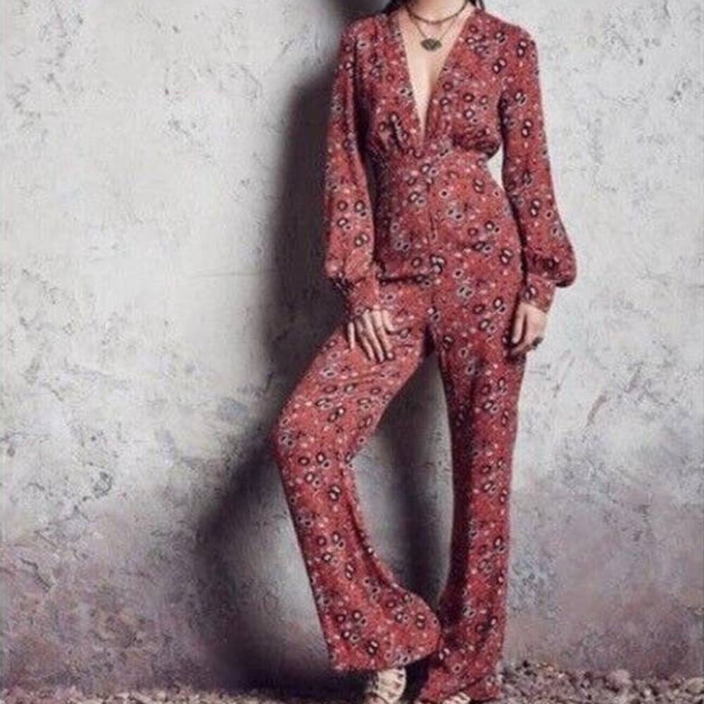 Free People Some Like It Floral Print Womens Plunging V Neck Jumpsuit Romper 4